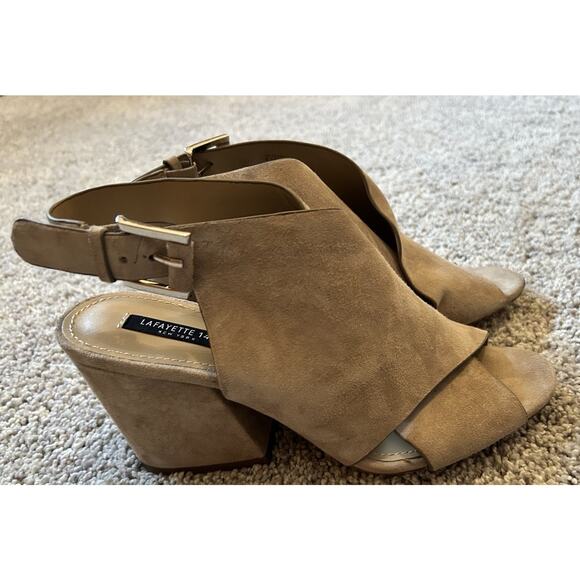 Lafayette 148 Covell Sandals Sz 6.5 Neutral Beige Suede Leather Slingback Heels - Picture 2 of 13